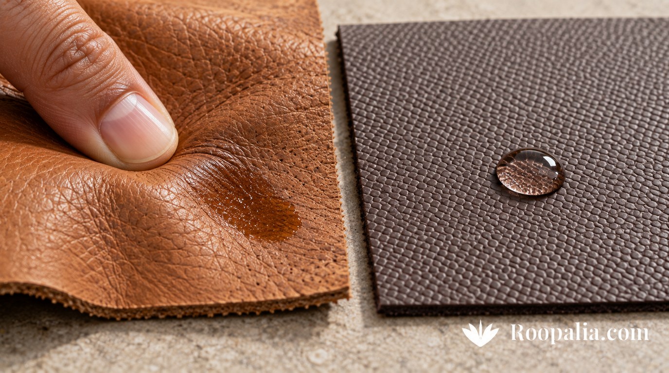 A close comparison of real and synthetic leather — irregular grain with a thumb crease and an absorbed water droplet on the left, a uniform stamped pattern with the droplet beaded on top on the right — AI-generated image (Roopalia)