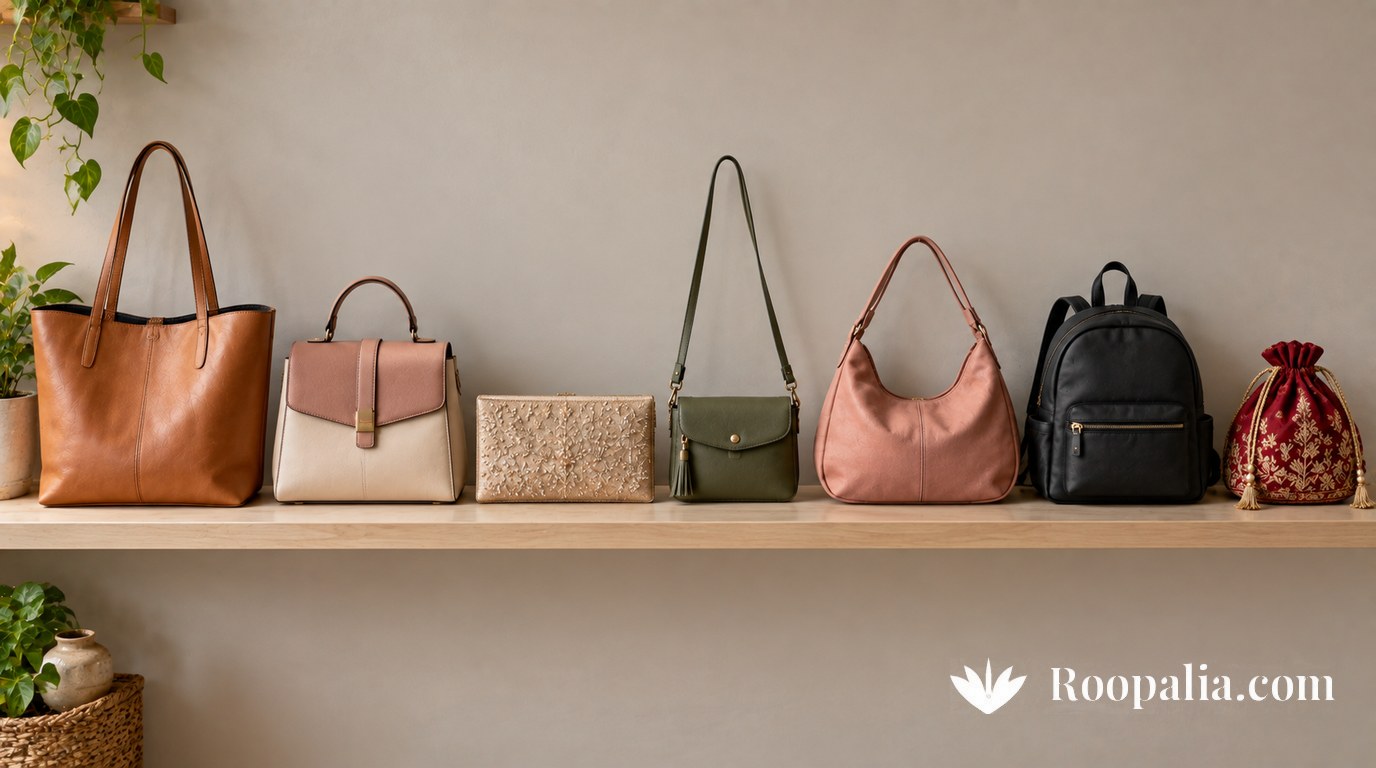 Seven kinds of women's bags side by side — tote, satchel, clutch, sling, hobo, backpack and potli — AI-generated image (Roopalia)
