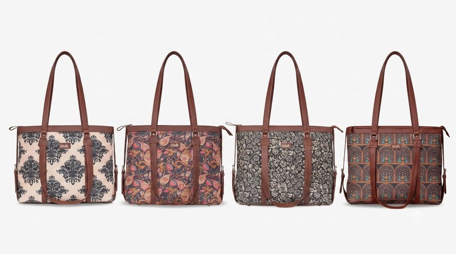 ZOUK office tote bag with 15.6 inch padded laptop compartment and Indian heritage print