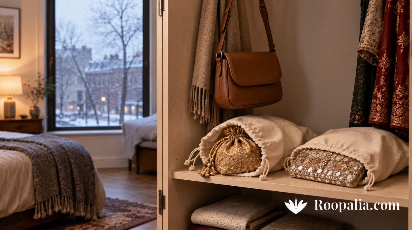 Embroidered Indian occasion bags stored in cotton dust bags in an apartment wardrobe outside India, an everyday crossbody on a hook beside them, a grey winter street beyond the window — AI-generated image (Roopalia)
