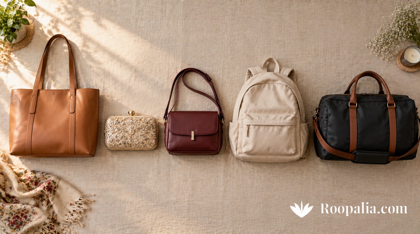 Five bags for five different occasions laid out in a row — an office tote, an evening clutch, an everyday sling, a college backpack and a travel duffel — AI-generated image (Roopalia)