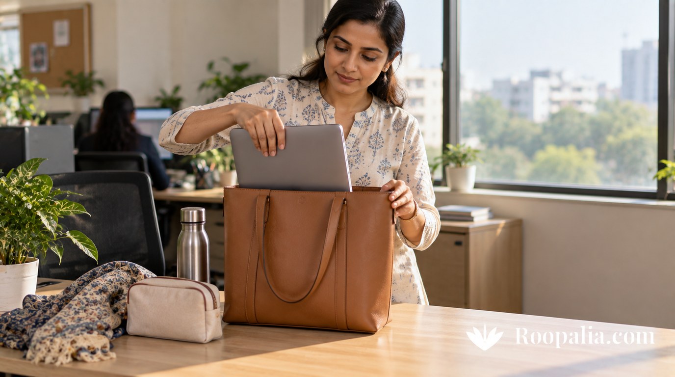 A woman sliding a laptop into a structured tote bag on her desk, with a pouch and water bottle beside it — AI-generated image (Roopalia)
