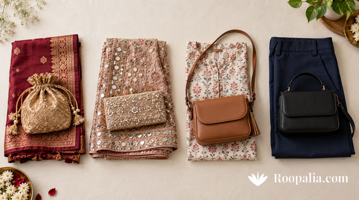 Four bags paired with four fabrics — a potli on a saree border, a clutch on a lehenga panel, a sling on kurti cotton and a black structured bag on navy trouser fabric — AI-generated image (Roopalia)