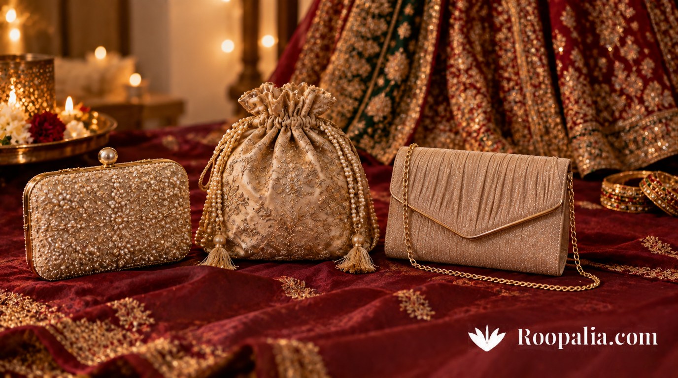 Three occasion bags on silk — a beaded box clutch, a gold-thread potli and a chain-strap evening bag, with the pleats of a lehenga behind — AI-generated image (Roopalia)