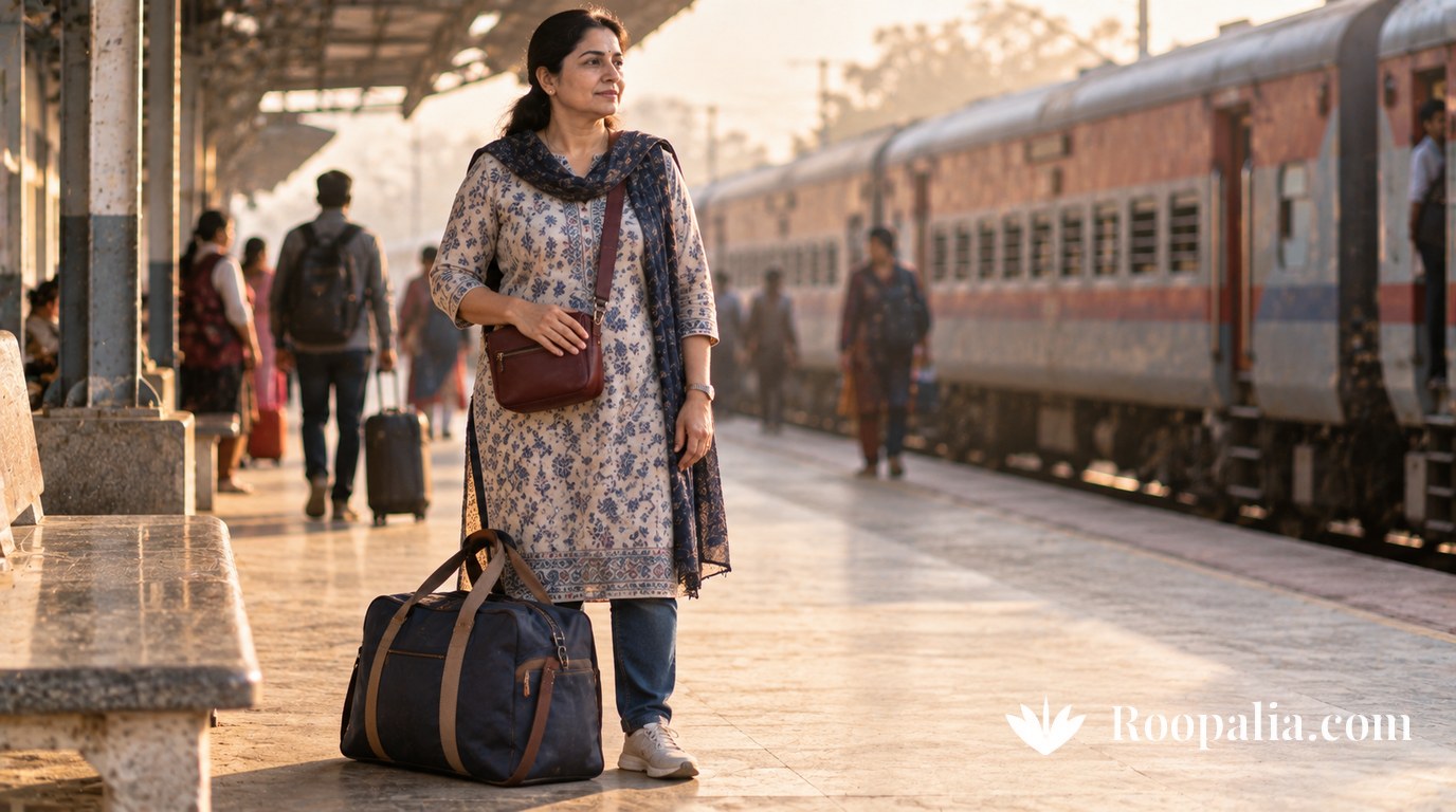 A woman on a railway platform with a medium duffel at her feet and a small zipped crossbody worn in front of her — AI-generated image (Roopalia)