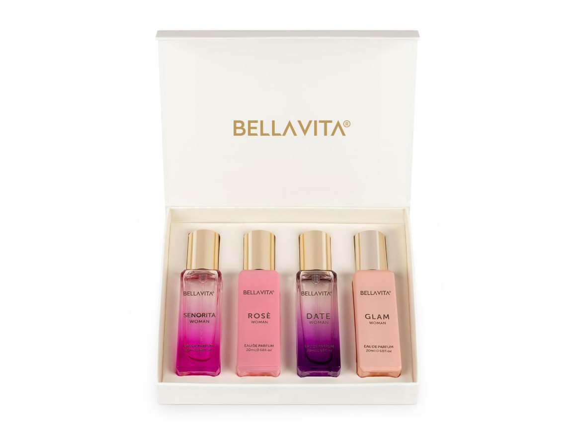 Bella Vita Luxury perfume gift set open box — luxury perfume for women, four EDP fragrances Senorita, Rose, Date, Glam