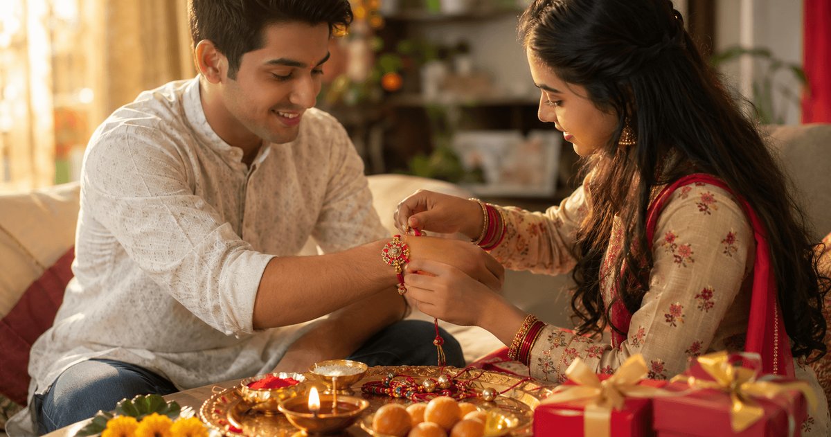 A sister tying a rakhi on her brother's wrist — with puja thali, diya, sweets and gift boxes, Rakhi gift guide (Roopalia)