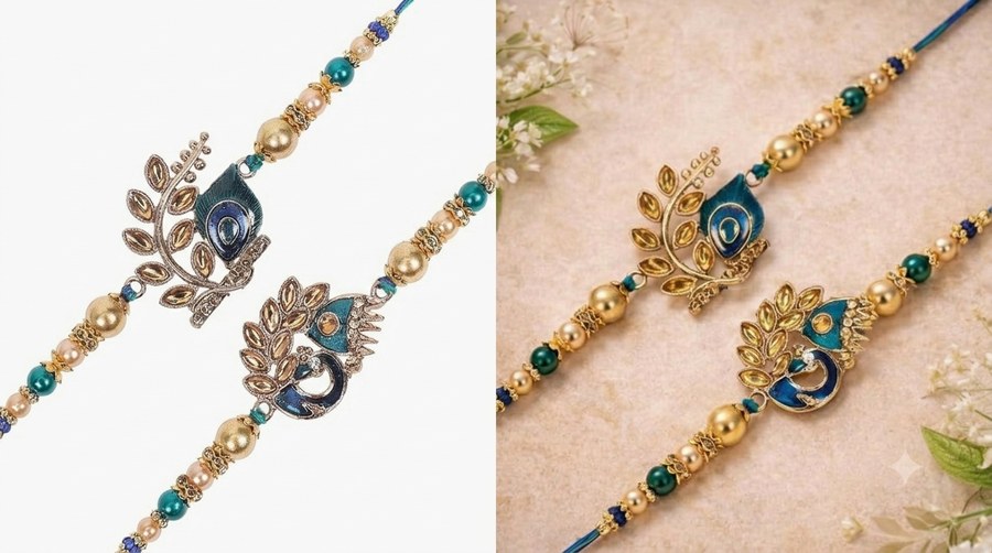 Riddhika Ventures kundan and AD ring rakhi set with peacock design, two rakhis (Roopalia review)