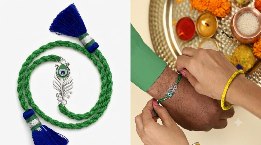 MEENAKARI HERITAGE silver peacock feather rakhi with green thread and blue tassels (Roopalia review)
