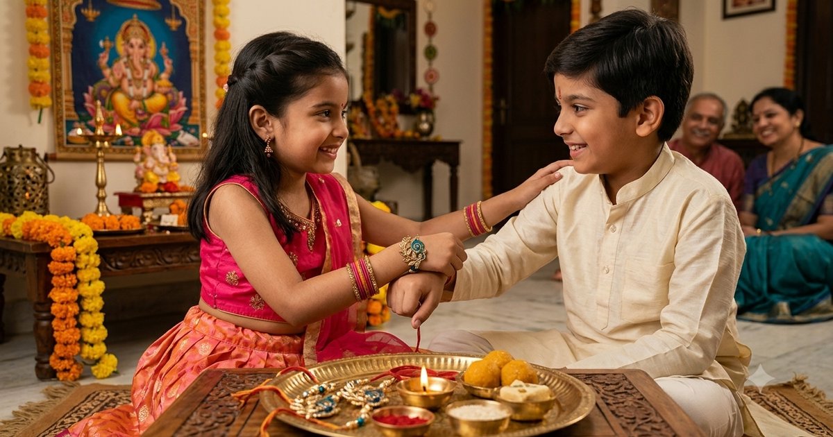 A sister tying a rakhi on her brother's wrist with puja thali, diya and sweets (Roopalia)