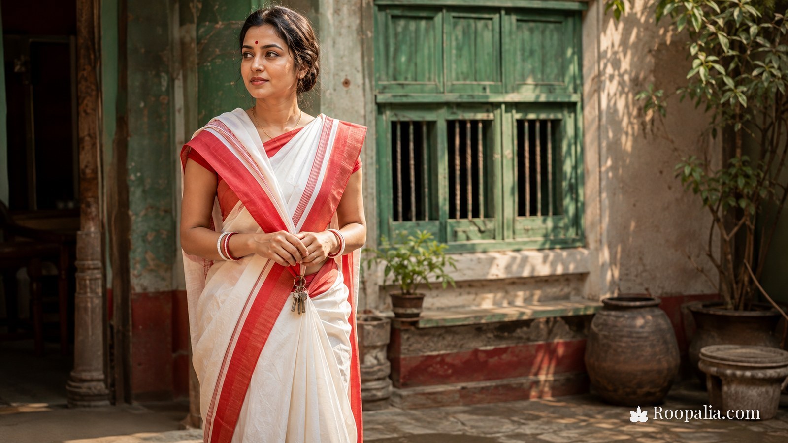 The Bengali aatpoure drape — a white saree with a red border, pallu over both shoulders, keys knotted at the end