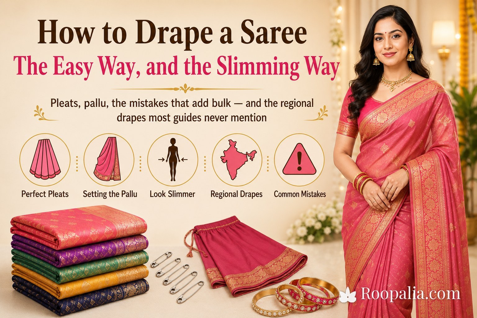 How to drape a saree — pleats, pallu and slimming tips (Roopalia)