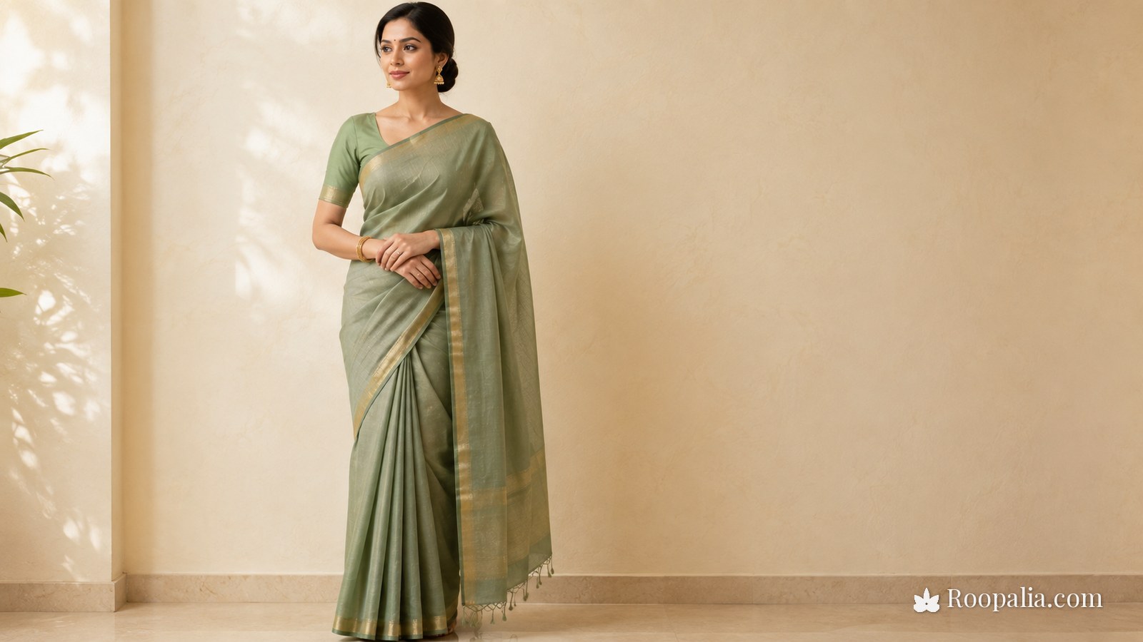 A sage green saree draped in the Nivi style, pleats at the centre and pallu over the left shoulder