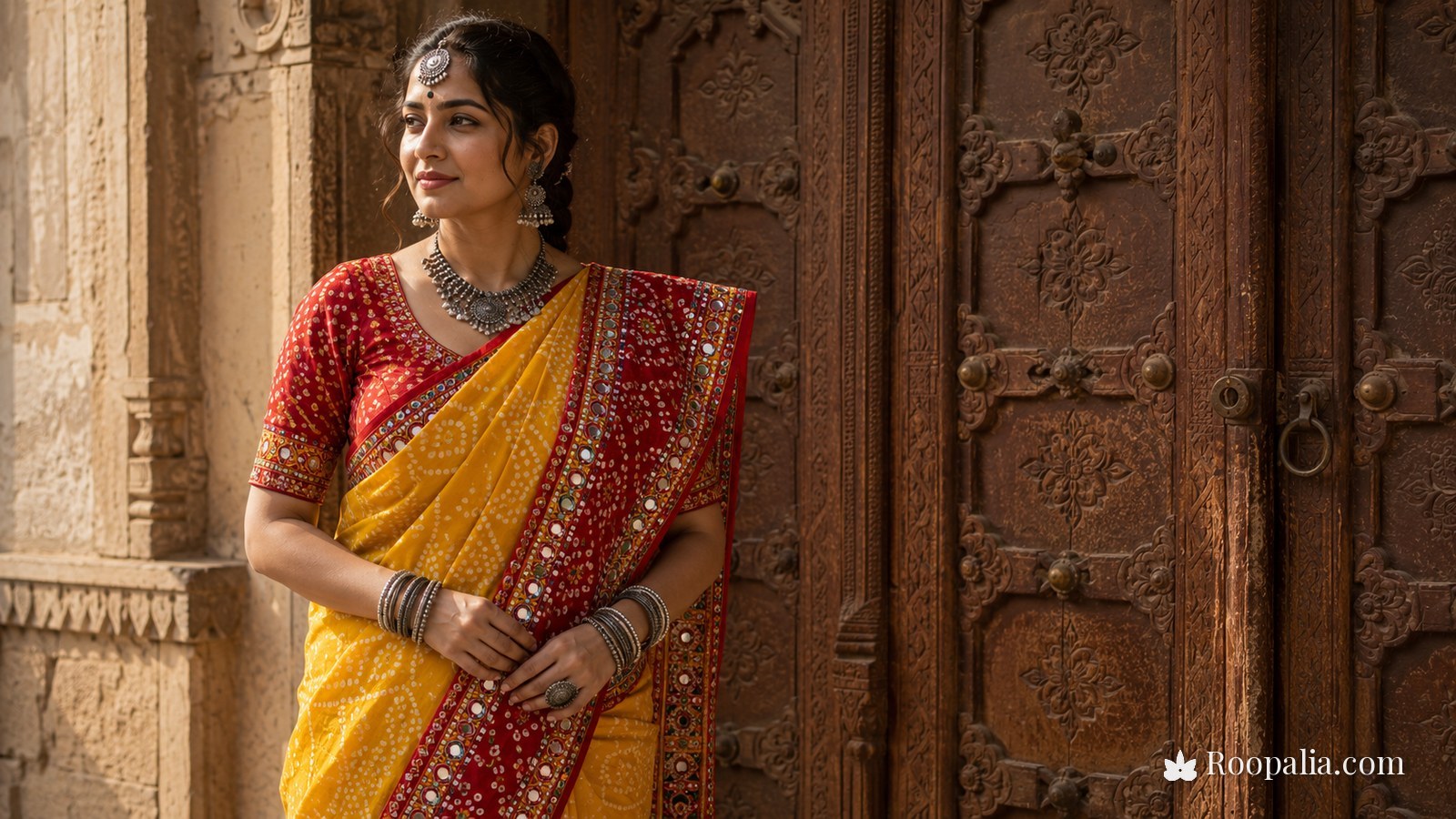 The Gujarati seedha pallu drape — a yellow bandhani saree with the pallu falling down the front