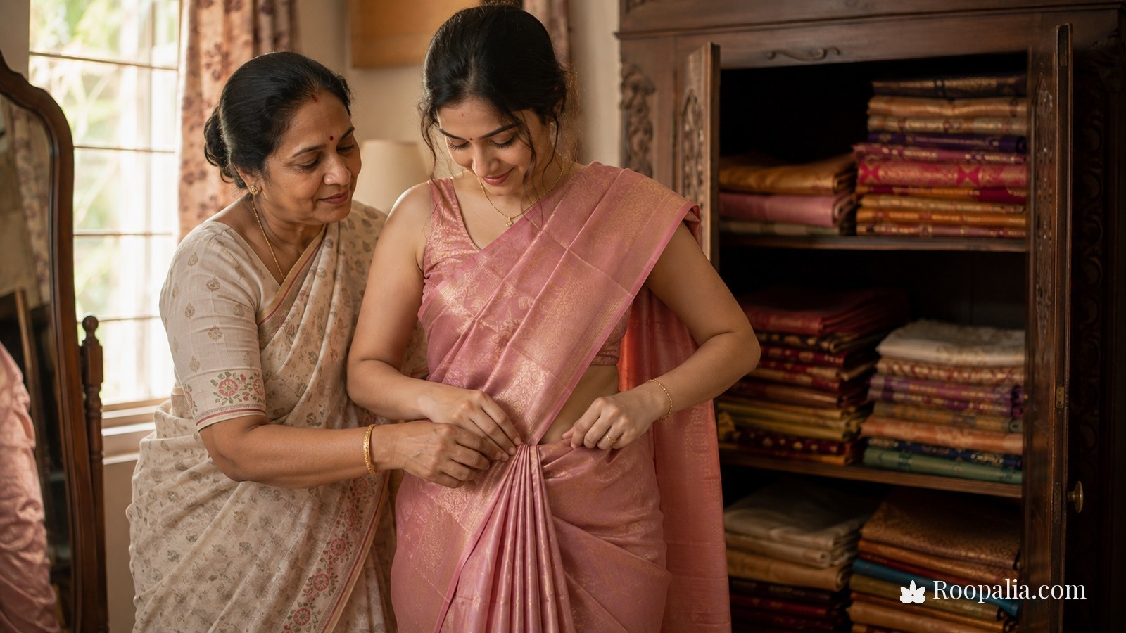 An Indian mother teaching her daughter to drape a saree, with folded silk sarees stacked in an almirah behind them