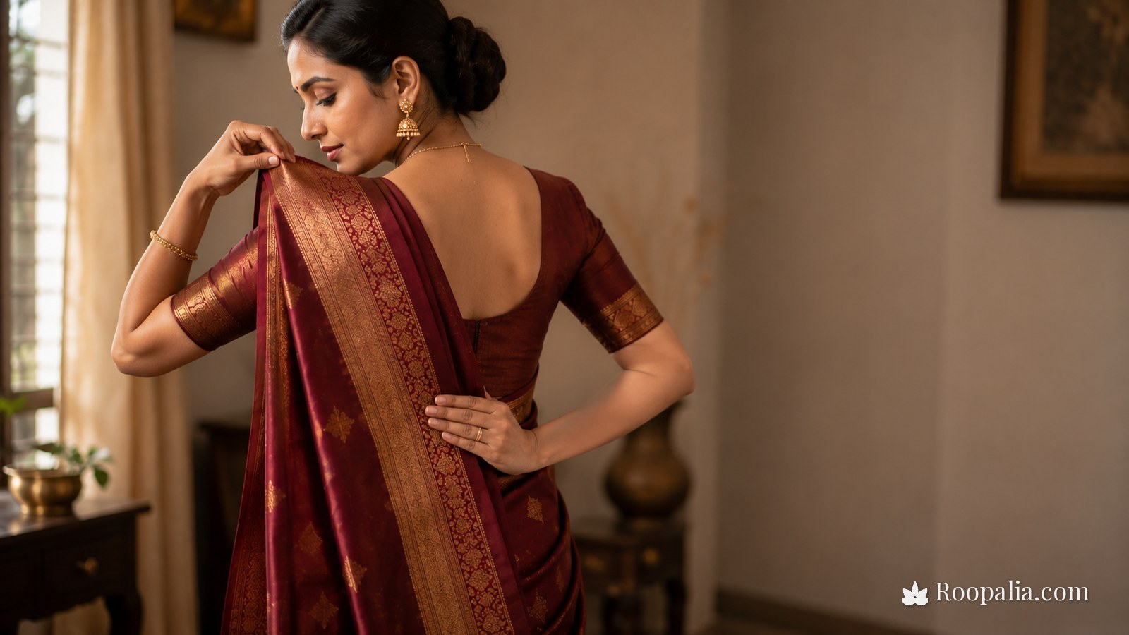 Setting the pallu — a woman placing the pleated pallu of a maroon silk saree over her left shoulder