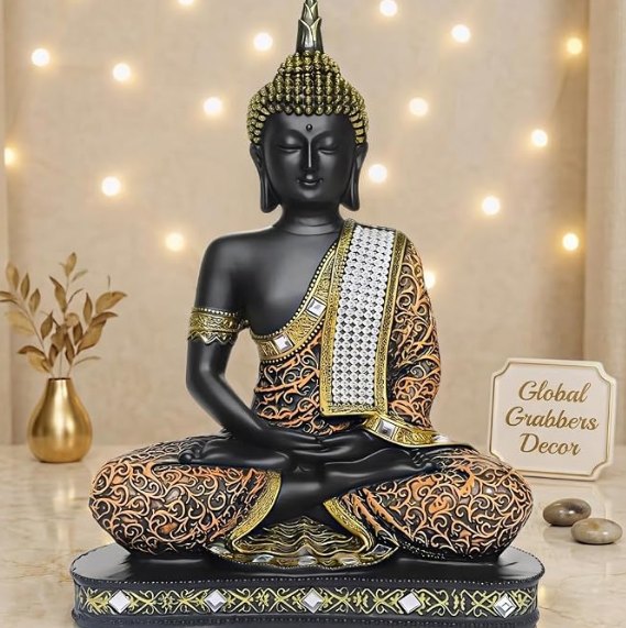 Buddha idol for living room decoration — Global Grabbers premium Buddha showpiece styled with a golden vase