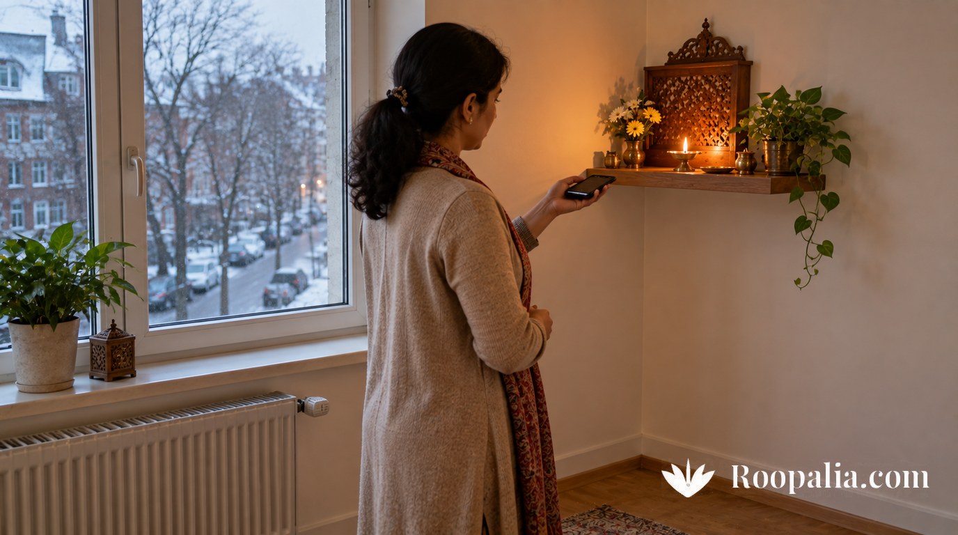 A small shelf shrine in the corner of an apartment outside India, a woman checking the direction on her phone compass, a cold winter street beyond the window — AI-generated image (Roopalia)
