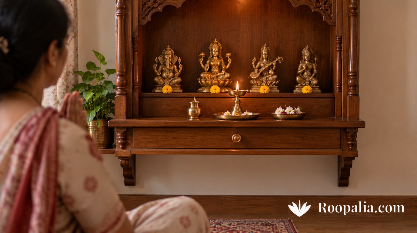 Four well-spaced small figures in a wooden home shrine, set a little away from the back wall and level with a seated woman's heart — AI-generated image (Roopalia)
