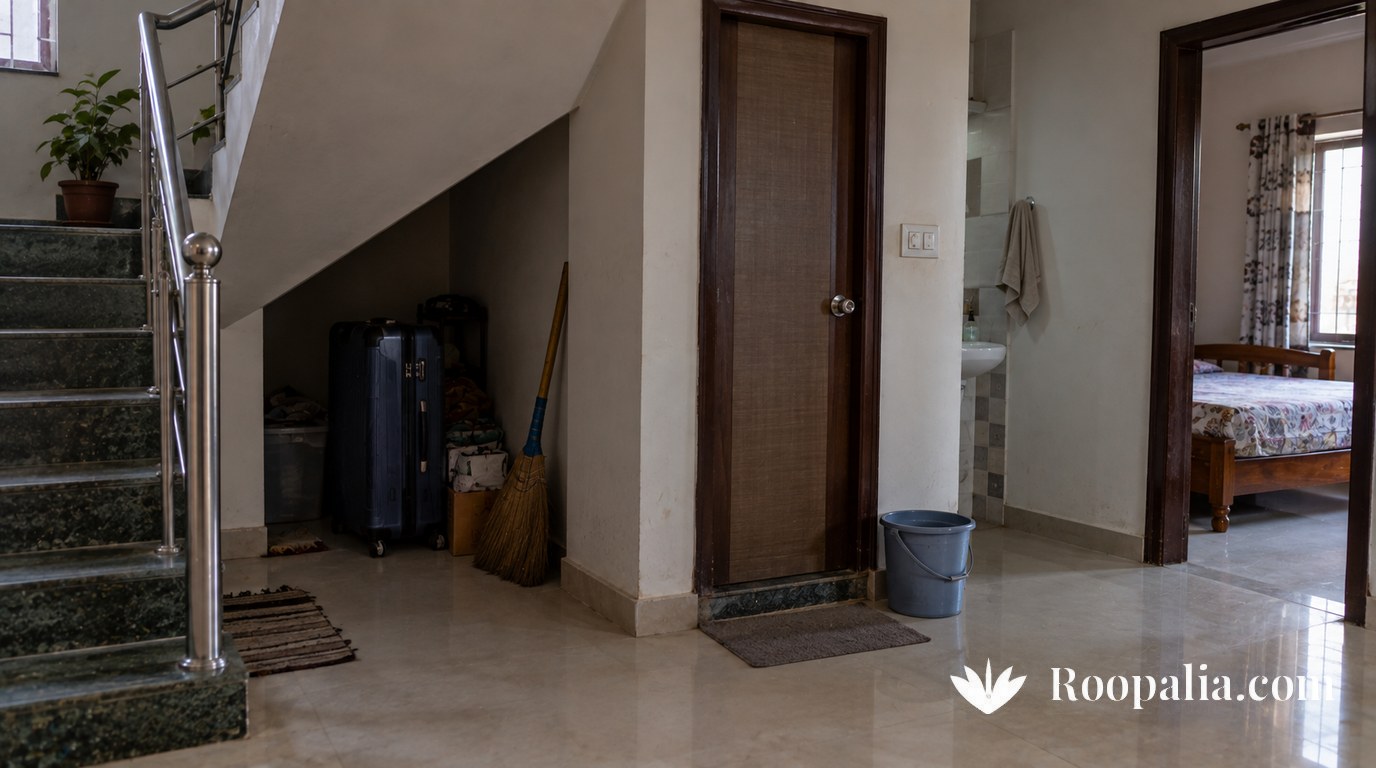 Unsuitable spots for a home shrine — the space under a staircase, a wall shared with a bathroom, and a bedroom doorway — AI-generated image (Roopalia)