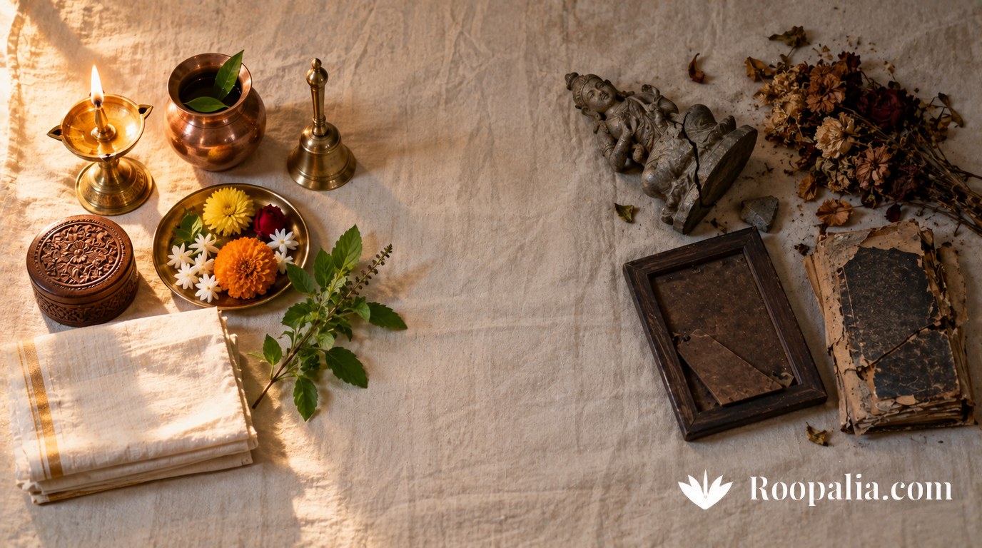 An overhead view separating what belongs in a shrine — lamp, kalash, bell, tulsi, fresh flowers — from what does not: a chipped figure, dried flowers, an empty frame and a torn book — AI-generated image (Roopalia)