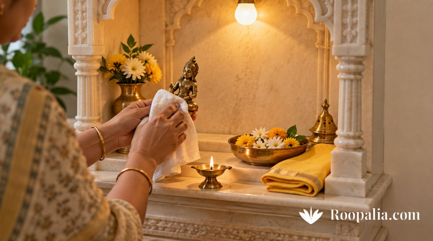 Hands wiping a small brass figure with a soft cloth in a pale, freshly cleaned shrine niche, with a fresh cloth, flowers and a warm bulb above — AI-generated image (Roopalia)