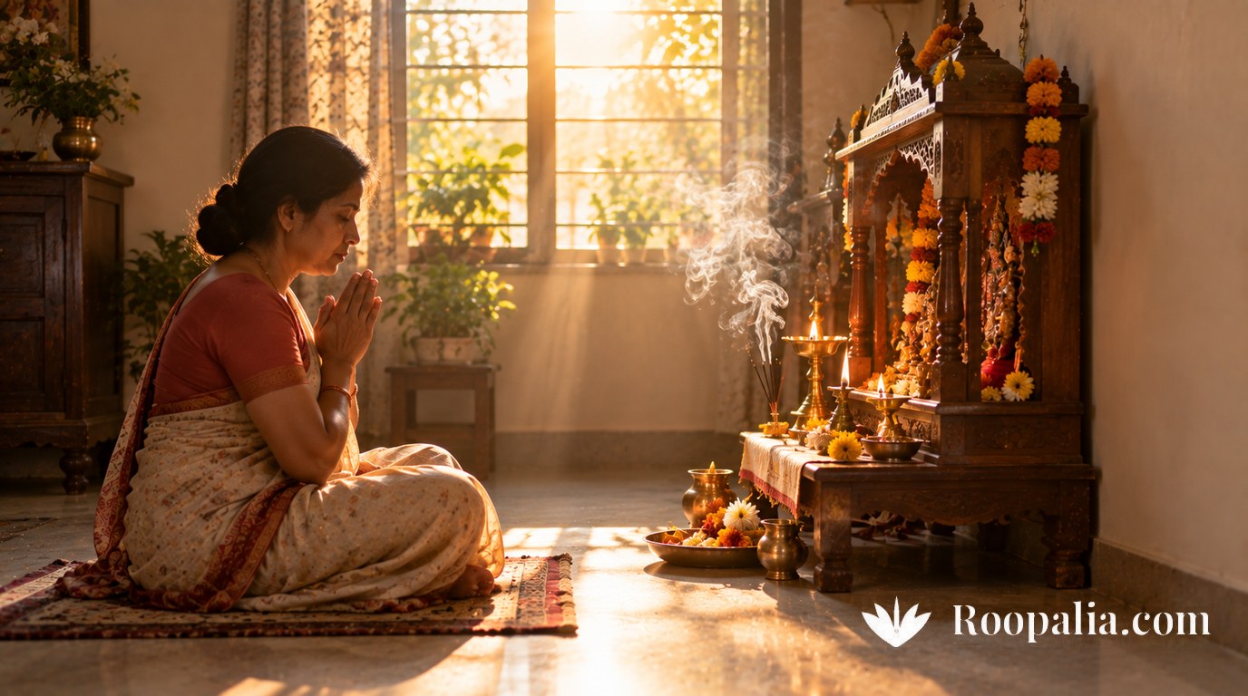 A woman seated facing her home shrine, the deity facing her, morning light entering from the window behind — AI-generated image (Roopalia)