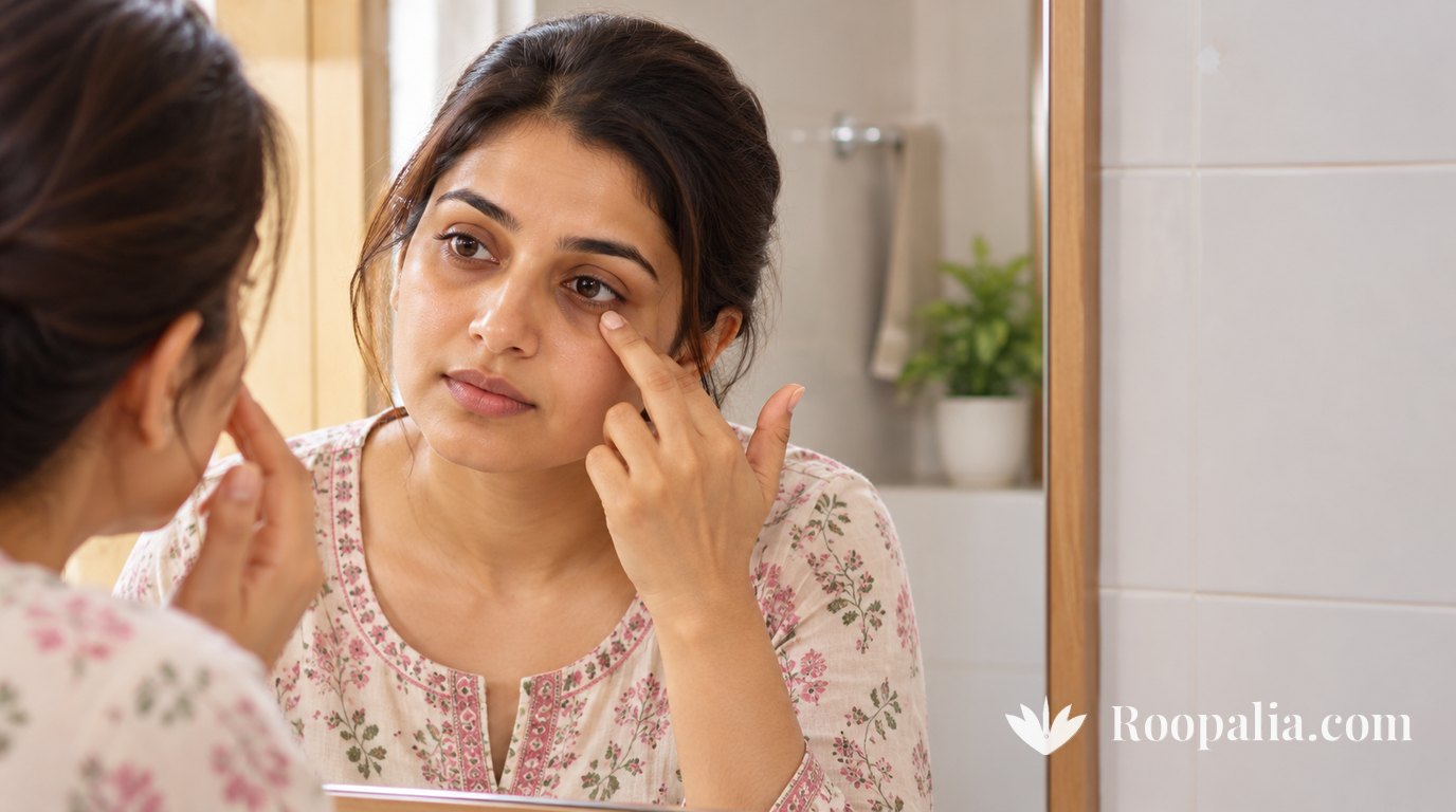 बाथरूम के आईने में अपनी आँख के नीचे के काले घेरे को उंगली से छूकर देखती सूती कुर्ते वाली स्त्री, सुबह की हल्की रोशनी — AI-निर्मित चित्र (Roopalia)