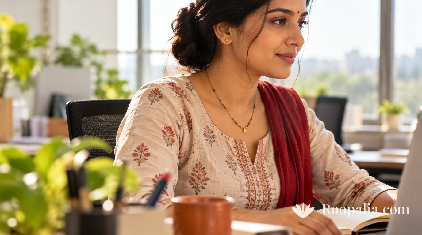 A woman working at an office desk wearing a slim modern mangalsutra — a fine gold chain with a single line of black beads.
