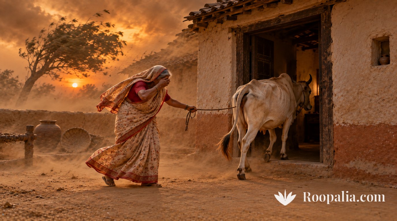 A sudden dust storm at dusk in a village courtyard, the sky heavy ochre, an elderly woman shielding her face with one hand while leading a cow by a rope through a low doorway into the house &mdash; AI-generated image (Roopalia)