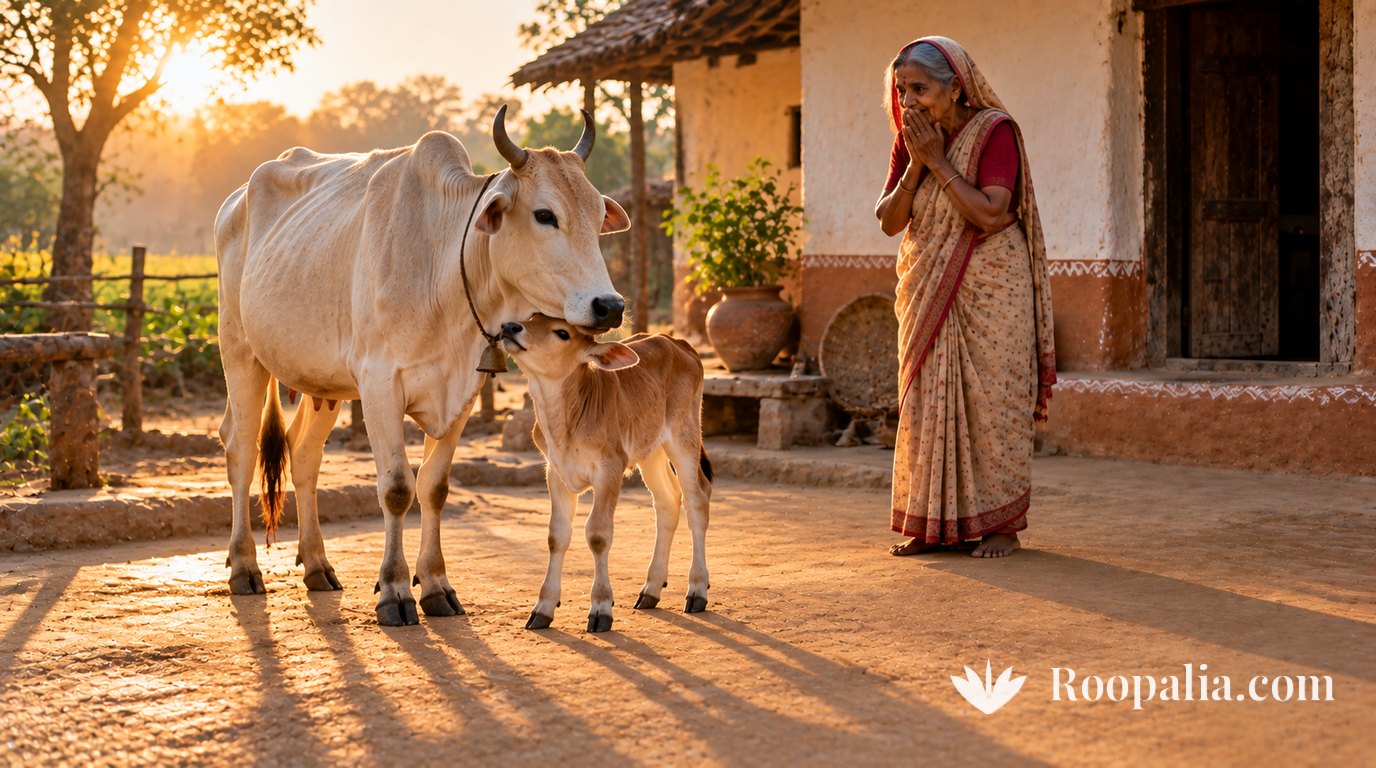 A cream-coloured cow and her small calf standing in a village courtyard in golden morning light, an elderly woman a few steps away with both hands raised to her mouth in astonishment &mdash; AI-generated image (Roopalia)