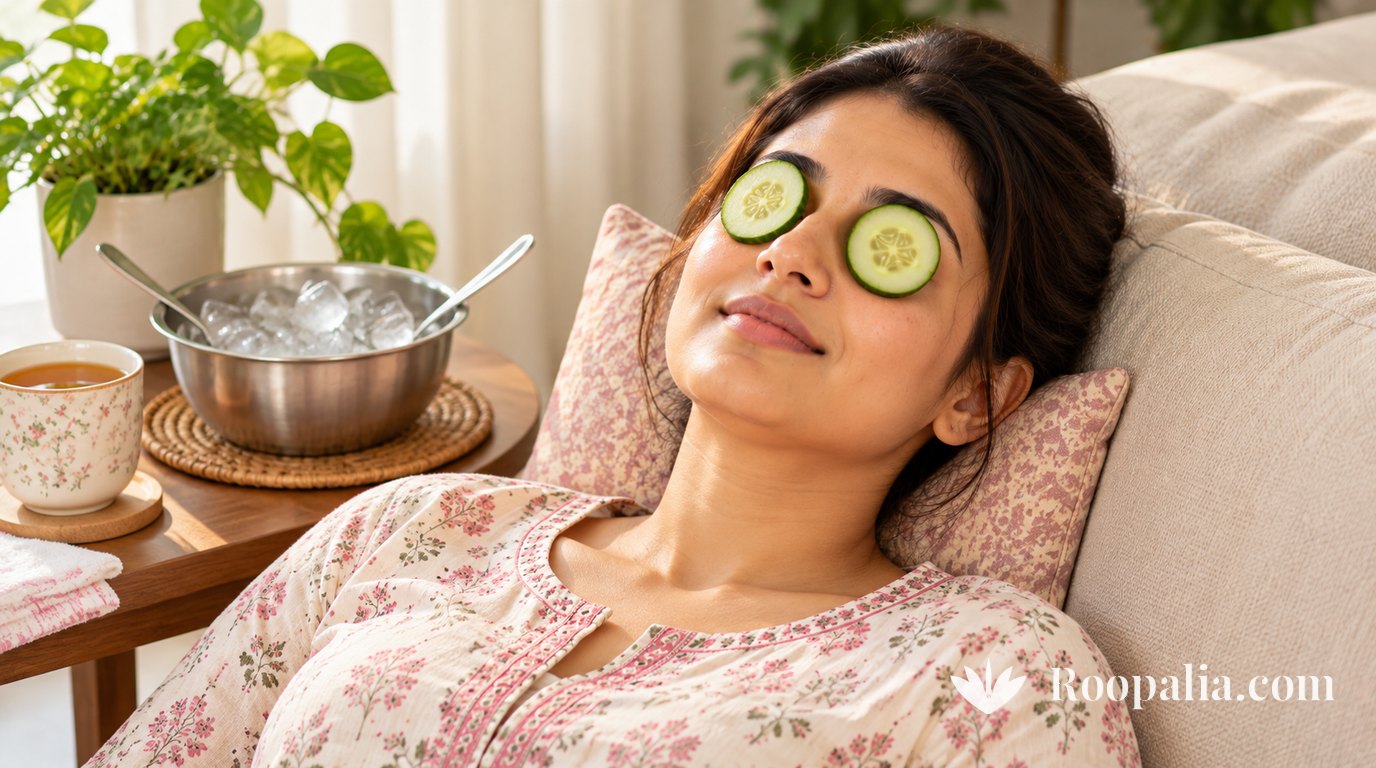 A relaxed woman reclines on a sofa with chilled cucumber slices over her eyes, a steel bowl of ice with spoons and a cup of tea beside her — AI-generated image (Roopalia)