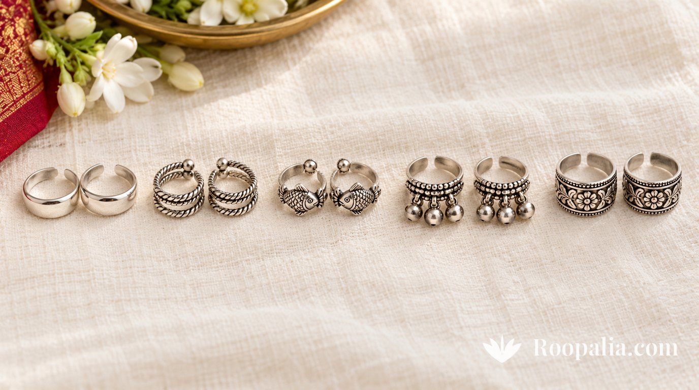 Five pairs of silver toe rings in different designs on white cloth — plain bands, coiled, fish-shaped, with tiny bells, and floral &mdash; AI-generated image (Roopalia)