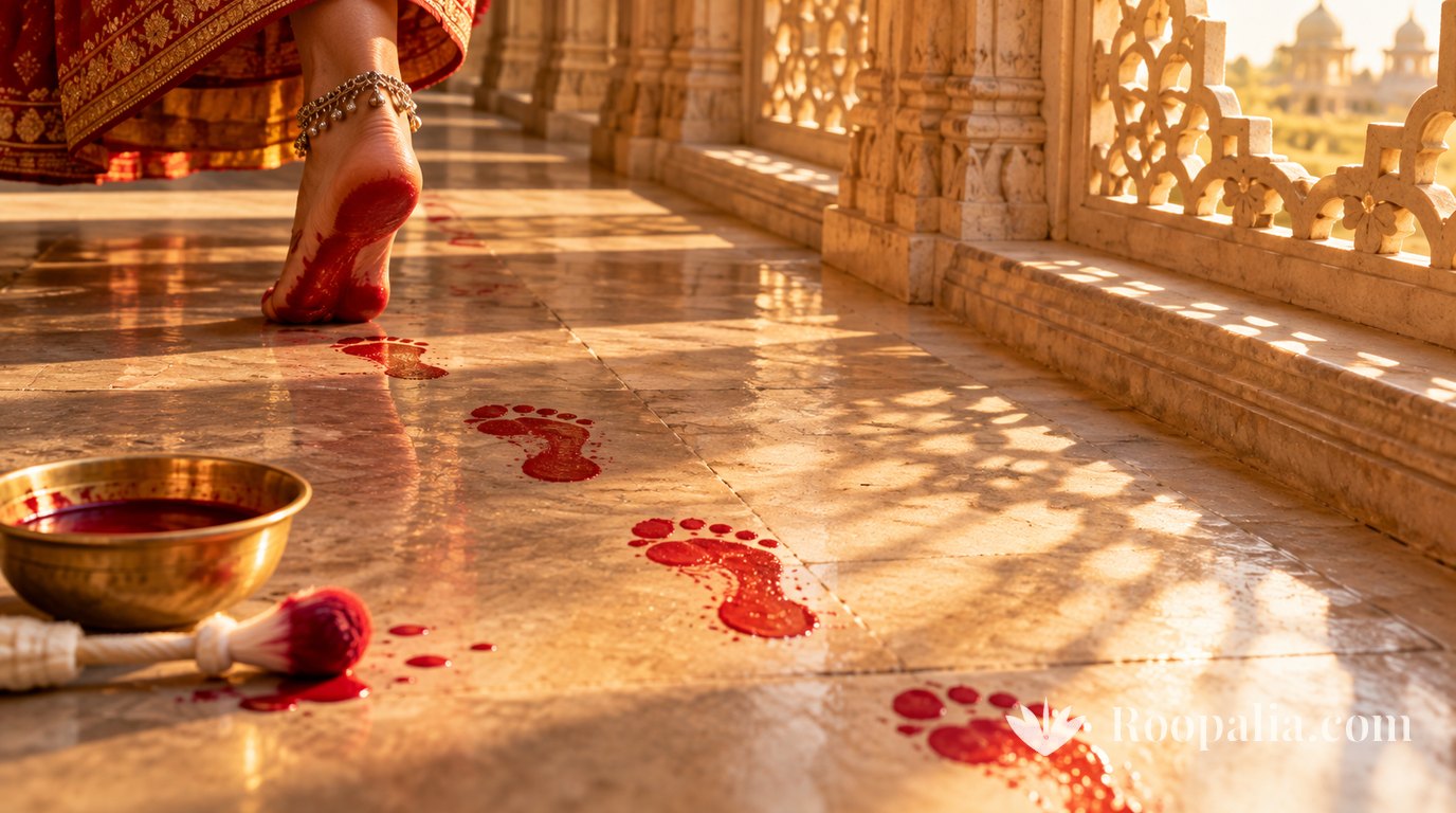 Wet red lac footprints running along a sandstone corridor towards a carved window, an anklet-wearing foot and an abandoned bowl of dye.