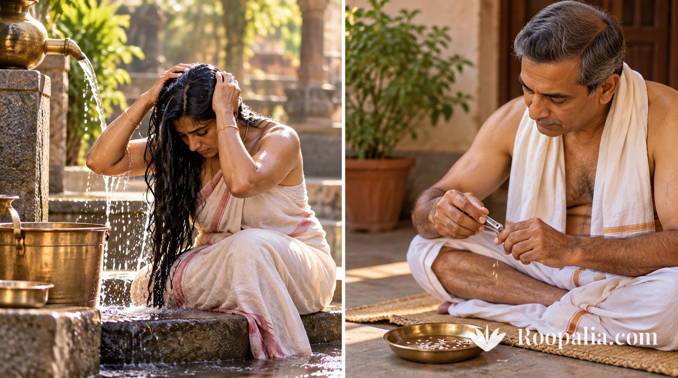 Two-panel image: a woman in a white saree washing her long hair under a stone tap, and an older man in a dhoti trimming his nails with a clipper over a brass plate &mdash; AI-generated image (Roopalia)