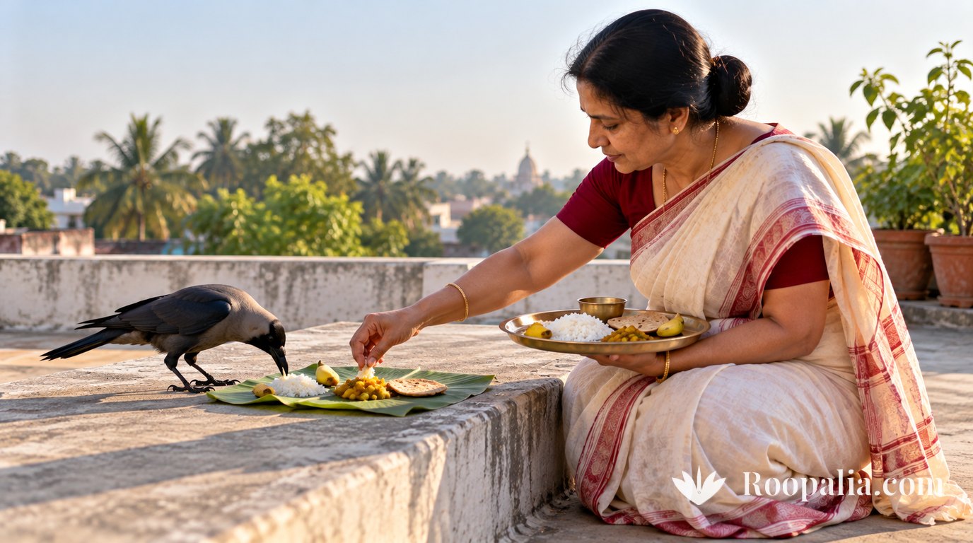 A woman in a white saree with a red border placing rice, vegetables and roti on a banana leaf on a rooftop parapet while a crow pecks at the food &mdash; AI-generated image (Roopalia)