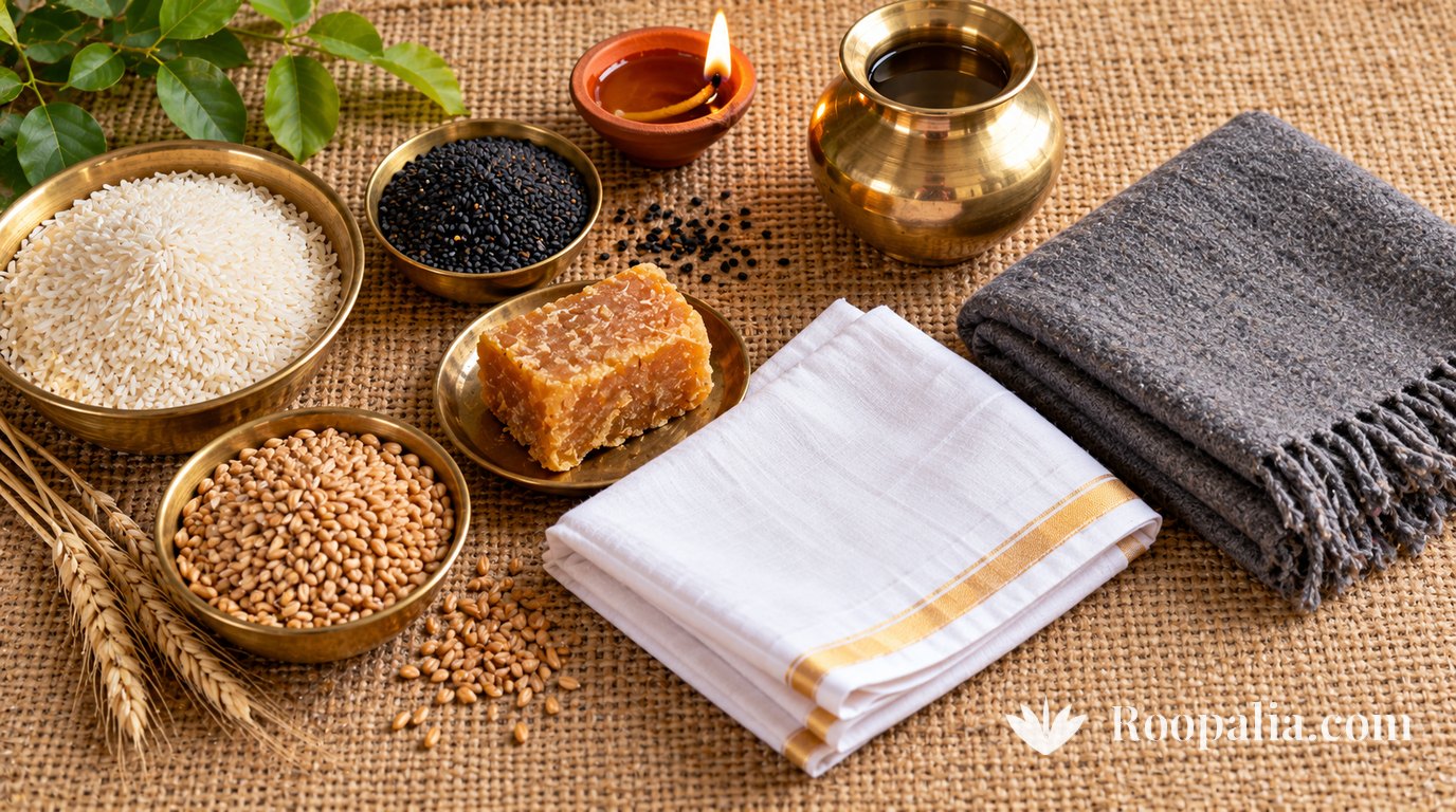 A jute mat with brass bowls of rice, black sesame and wheat, a block of jaggery, a folded white cotton cloth, a grey wool blanket, a lit clay lamp and a brass lota &mdash; AI-generated image (Roopalia)