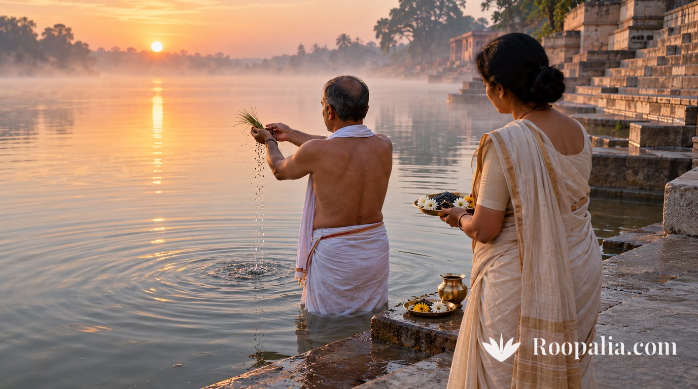 At a misty dawn ghat, a man in a white dhoti stands in the river offering water with black sesame through kusha grass, while his wife in an off-white saree holds a plate of sesame and flowers on the steps — AI-generated image (Roopalia)