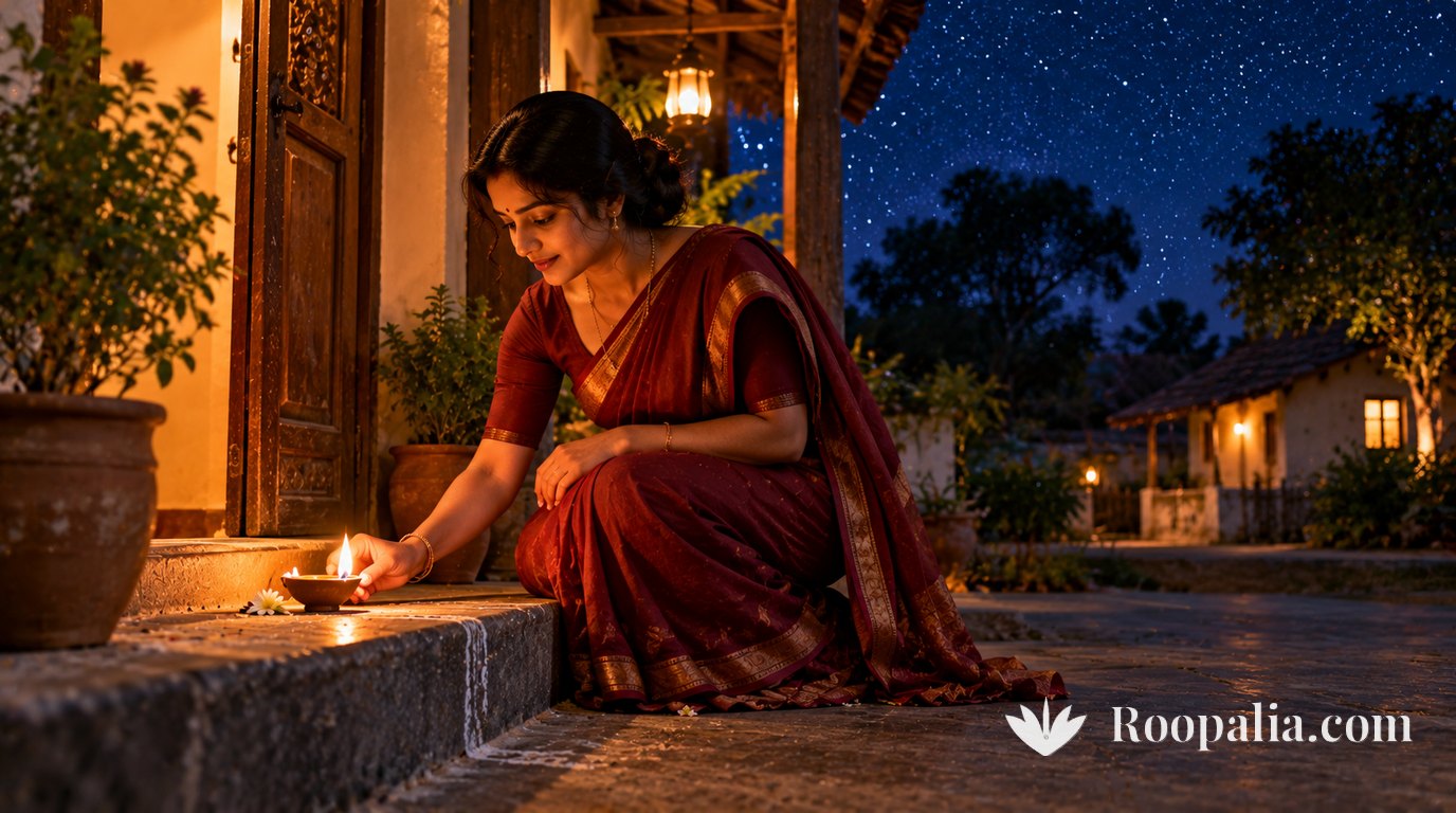 A smiling woman in a maroon saree kneeling at the stone doorstep of a village house on a moonless, star-filled night, placing a lit clay lamp on the threshold &mdash; AI-generated image (Roopalia)