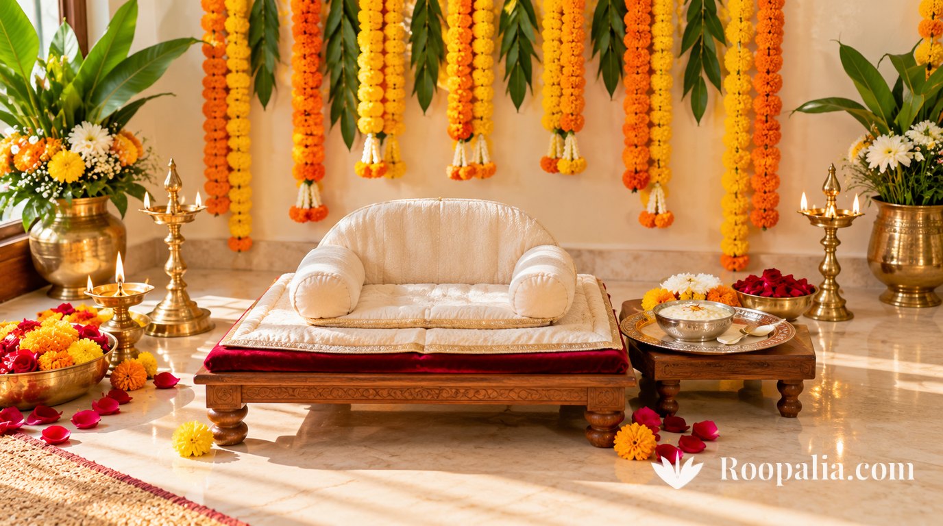 घर में गेंदे और आम के पत्तों की लटकती मालाओं के सामने मुलायम गद्दे वाली नक़्क़ाशीदार लकड़ी की चौकी, दोनों ओर पीतल के दीपस्तंभ, पास की छोटी चौकी पर चाँदी की थाली में खीर, फ़र्श पर फूलों की पंखुड़ियाँ — AI-निर्मित चित्र (Roopalia)