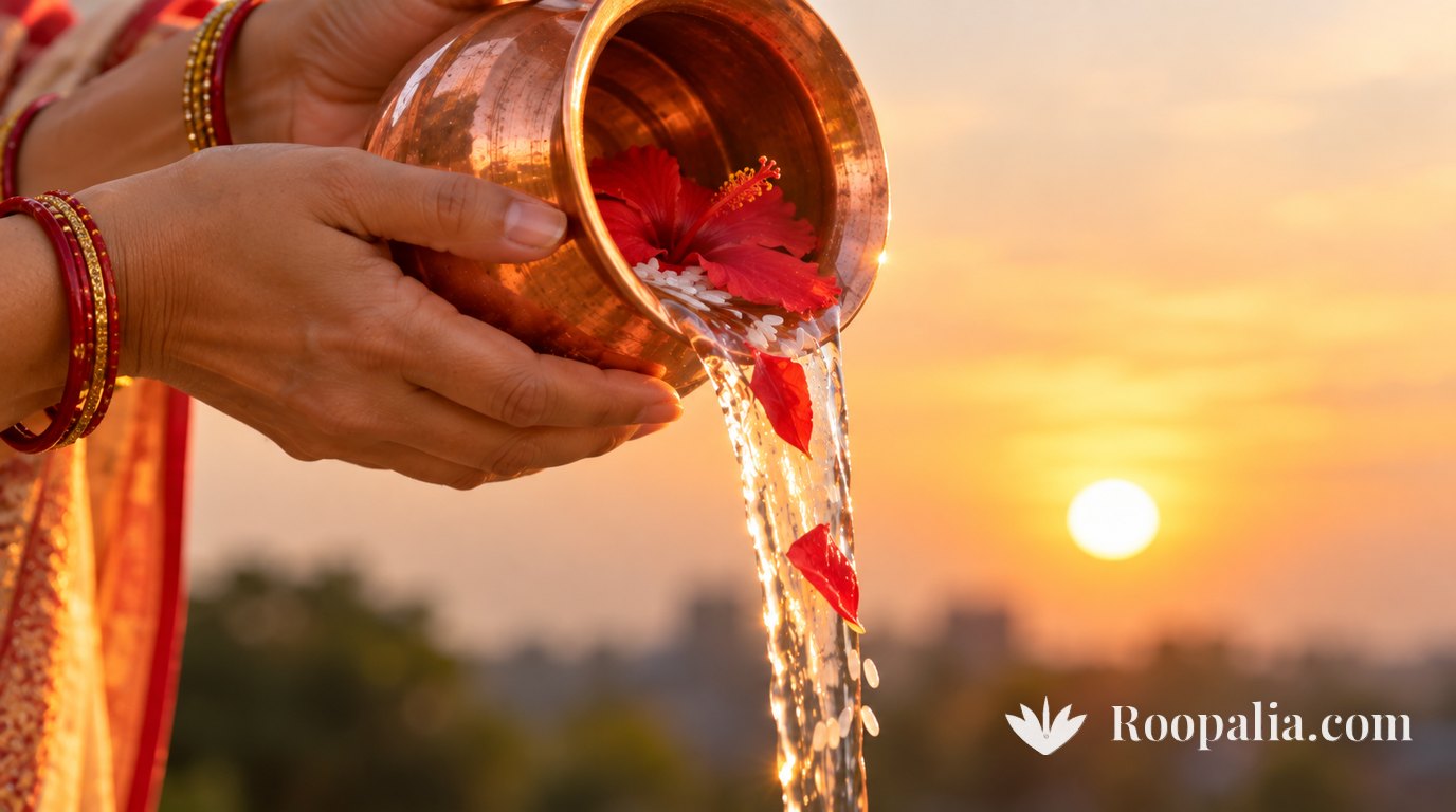 Close-up of two hands tilting a copper lota, a thin clear stream of water falling from its rim with a red hibiscus flower and rice grains in the water, blurred golden sunrise behind &mdash; AI-generated image (Roopalia)