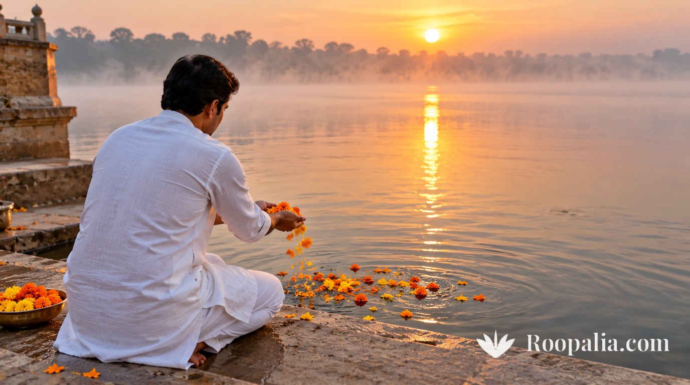 At misty sunrise a man in a white kurta, seen from behind, sits on stone river steps releasing marigold petals onto calm water &mdash; AI-generated image (Roopalia)