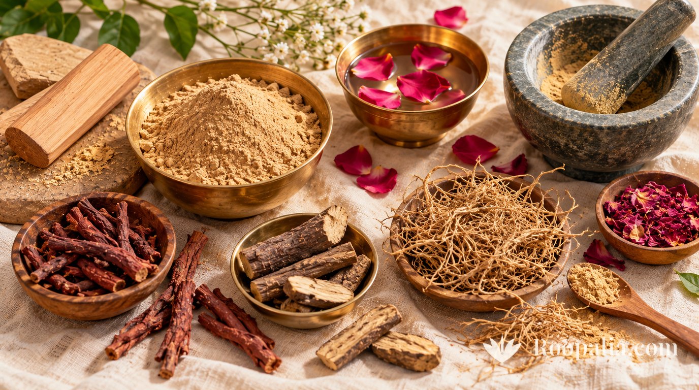Sandalwood, manjishtha, liquorice and vetiver — the dry powders of a classical face paste.