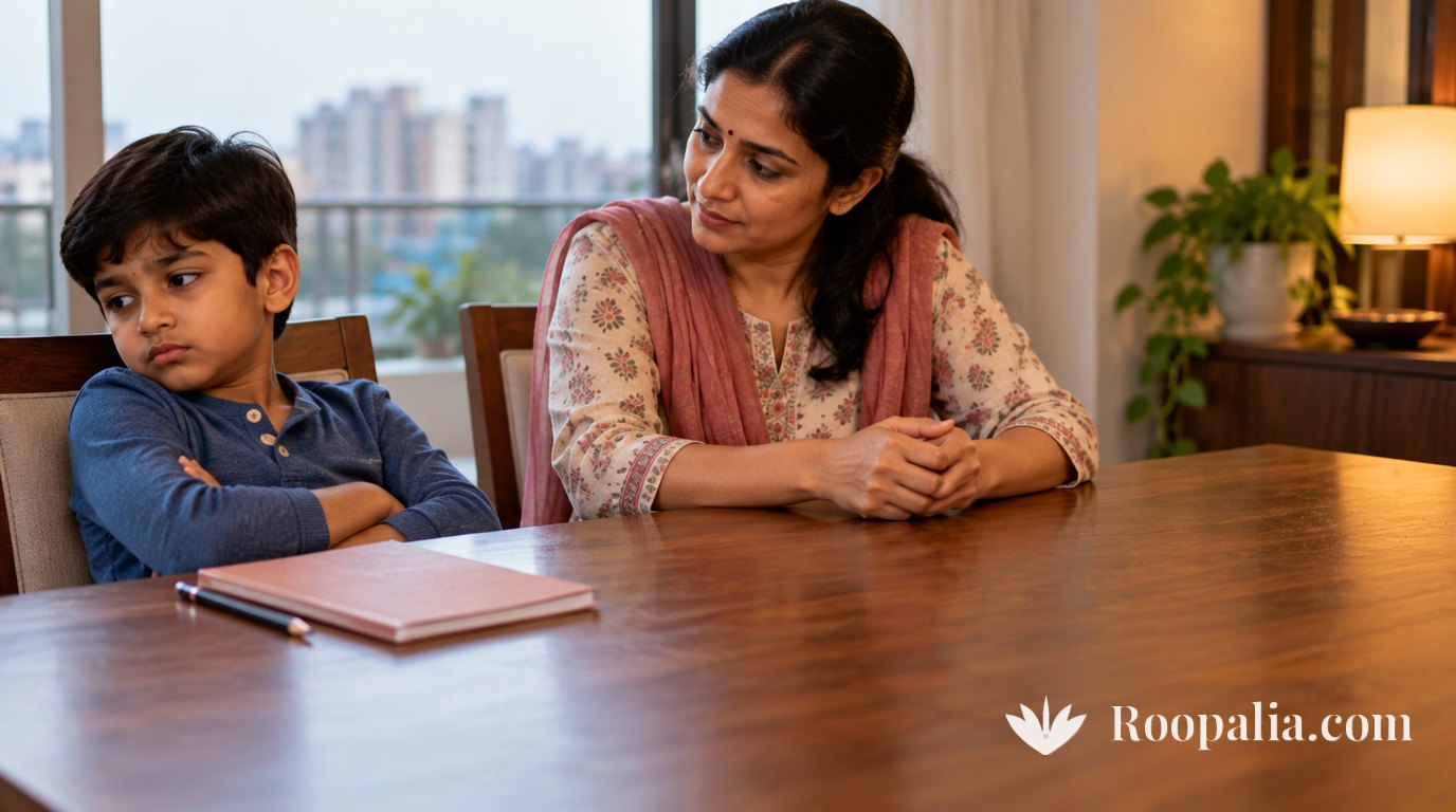 A nine-year-old boy leaning back in a dining chair with his arms folded, looking away, a closed exercise book and pencil pushed a few inches away on the table; his mother sits beside him, calm and unhurried — AI-generated image (Roopalia)