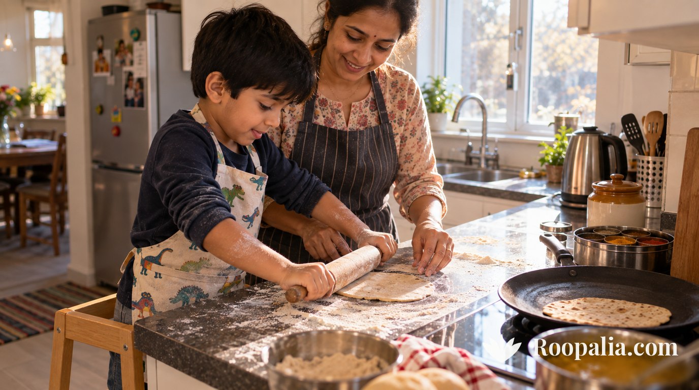 A boy on a step stool rolling a lopsided roti with his mother in a modern kitchen — AI-generated image (Roopalia)