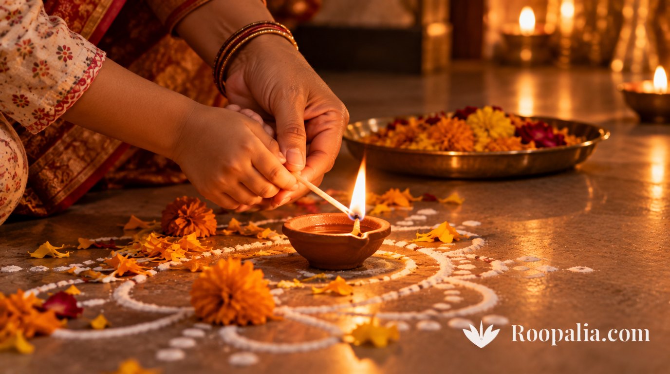 A child's small hands, steadied by an adult's larger ones, lighting the wick of a clay diya; marigold petals and a simple dotted rangoli drawn in white powder on the floor around them in low evening light — AI-generated image (Roopalia)