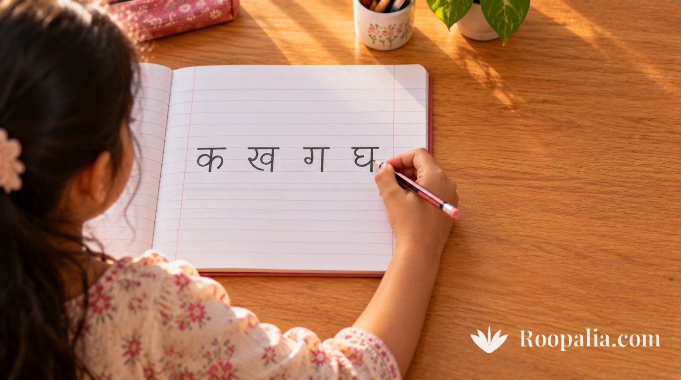 A ruled exercise book open on a sunlit wooden table with four large Devanagari letters written across the page, an eight-year-old girl seen from behind leaning over it with a pencil in her hand — AI-generated image (Roopalia)