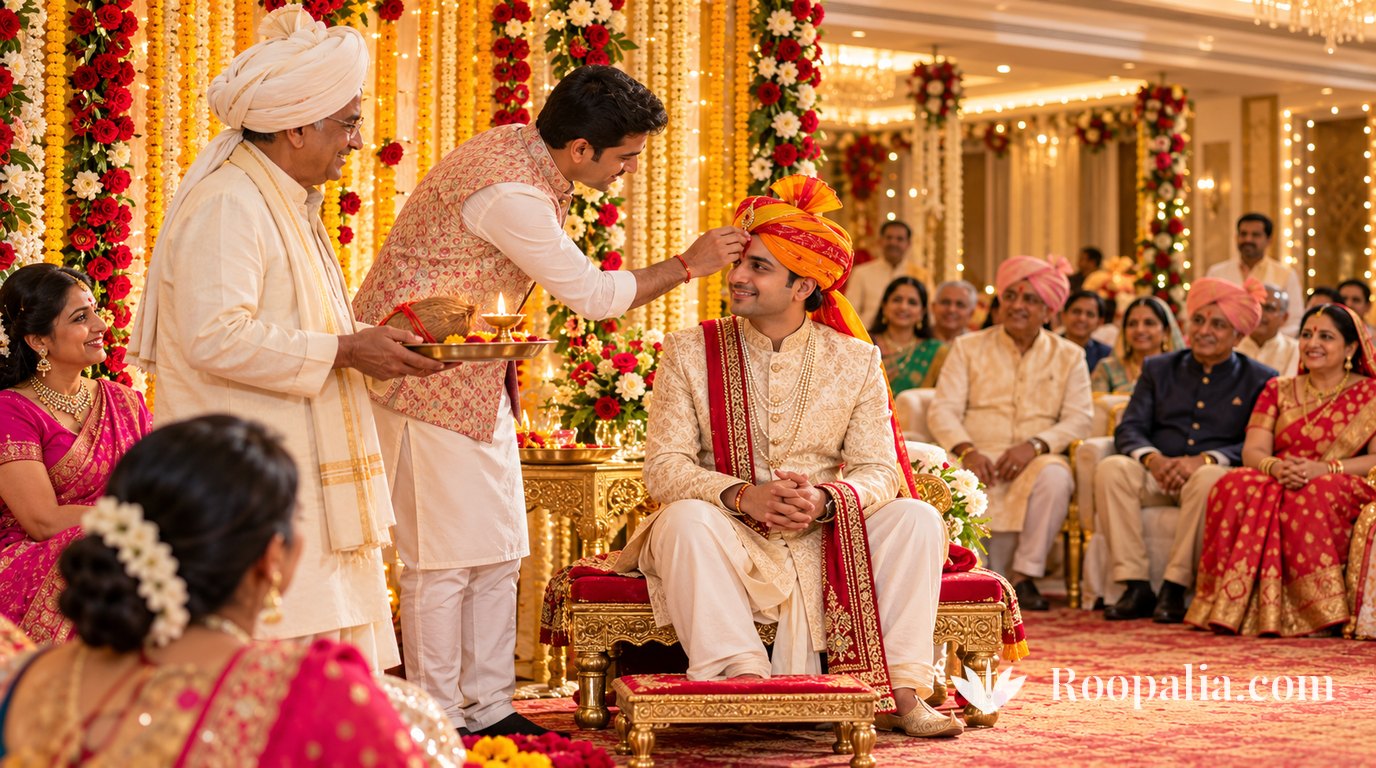 On a flower-decked banquet-hall stage, the bride’s brother applies a tilak to a groom in a cream sherwani and saffron safa while her father holds a brass plate with a coconut and lamp, relatives watching from chairs &mdash; AI-generated image (Roopalia)
