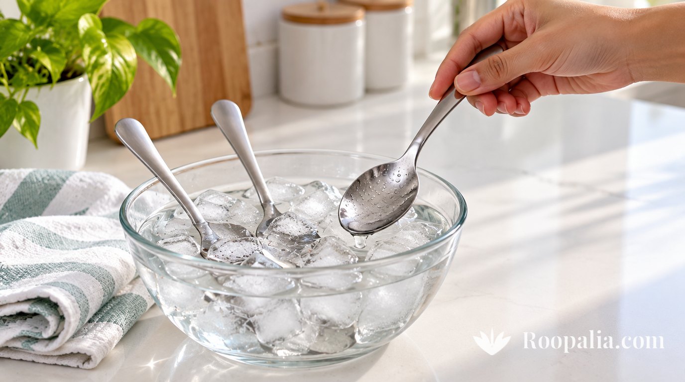 A glass bowl of iced water with three steel spoons on a white counter, a hand lifting one dripping spoon &mdash; AI-generated image (Roopalia)