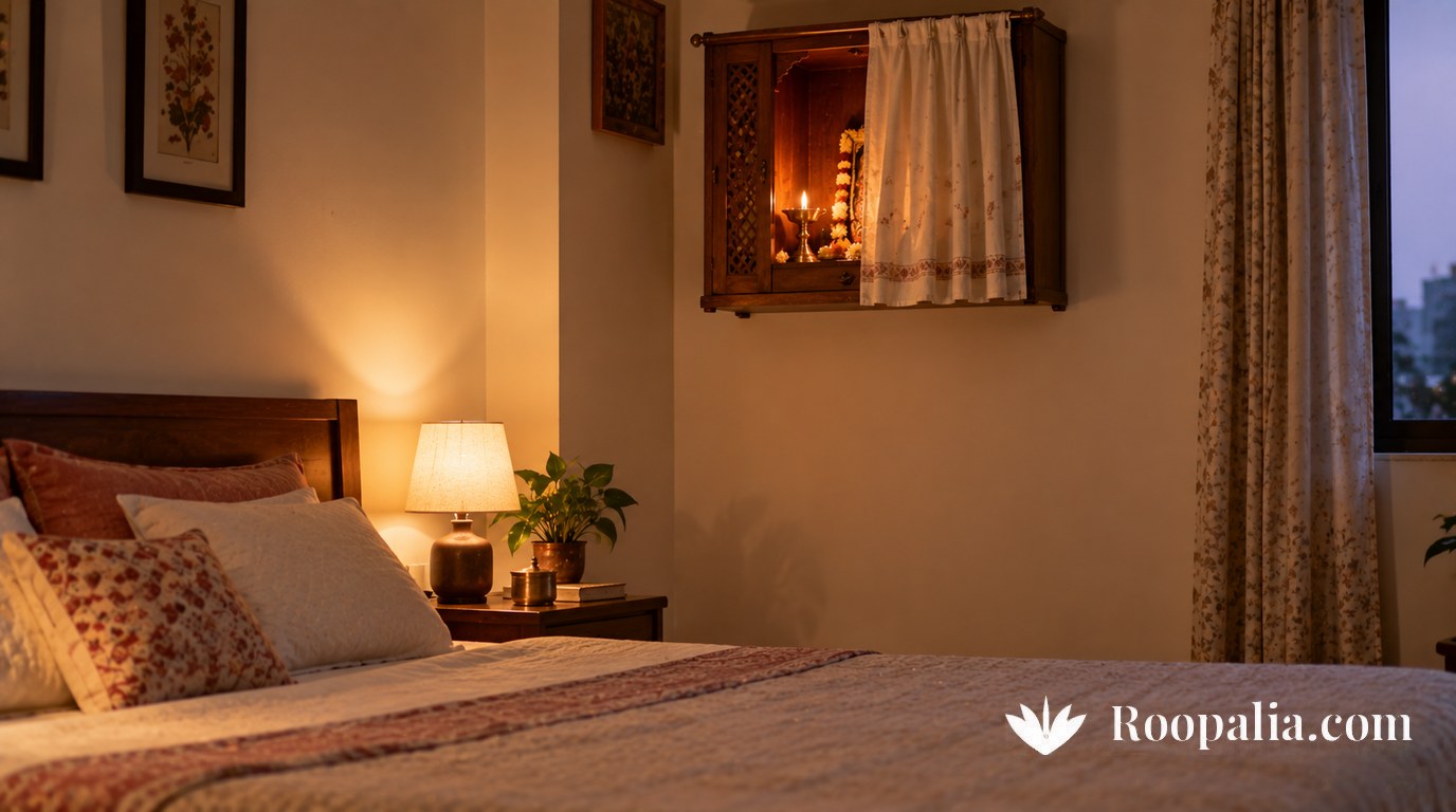 A shrine in a wall cabinet set well above bed height in a bedroom, with a light curtain half-drawn across it — AI-generated image (Roopalia)